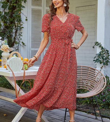 Women'S Floral Summer Dress Wrap V Neck Short Sleeve Belted Ruffle Hem A-Line Bohemian Maxi Dresses